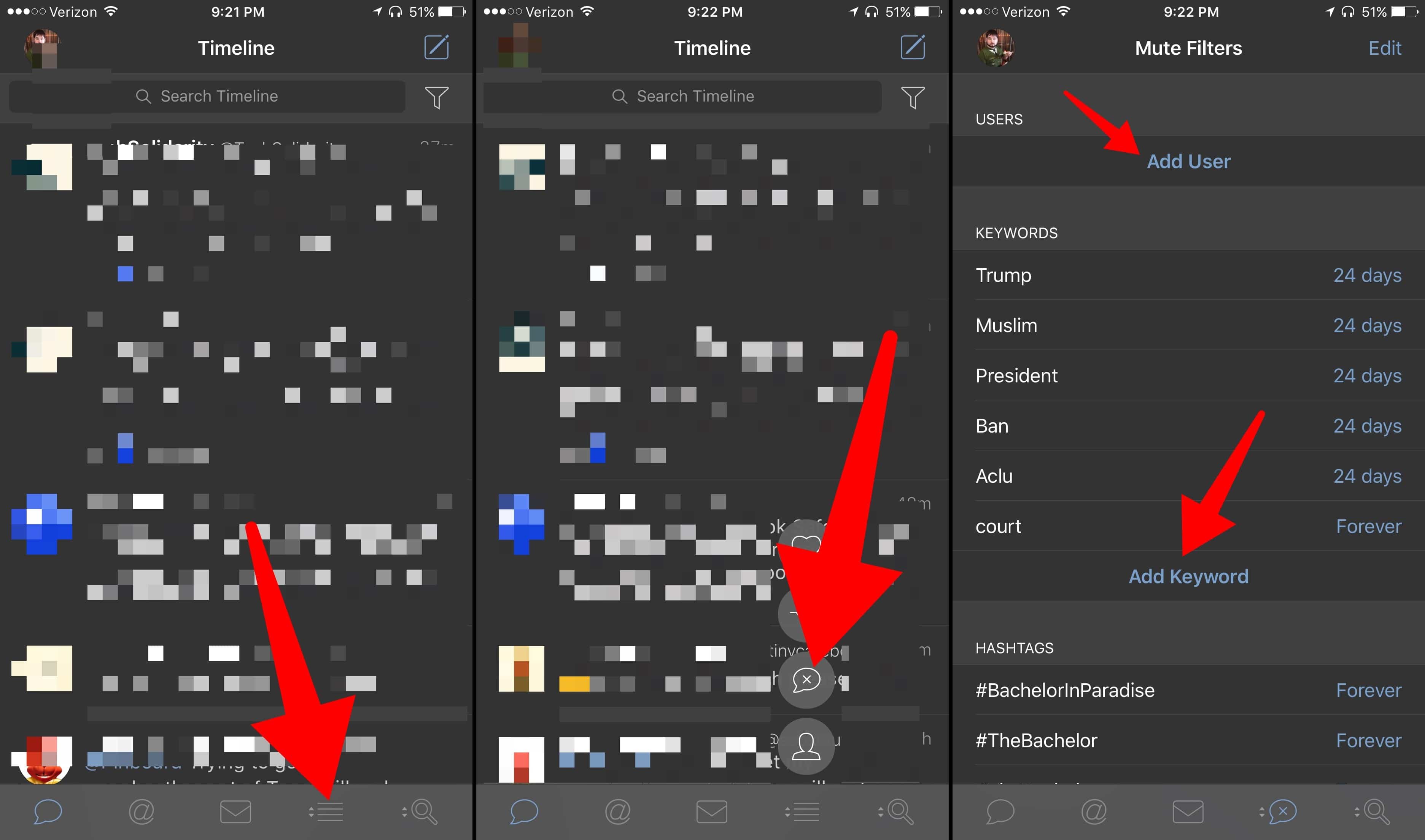 To hide keywords, hashtags, or users in TweetBot